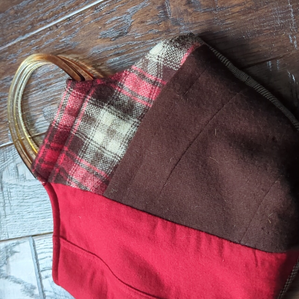 BAAAZUZU Artist Made I Upcycled Red & Brown Plaid Tote Purse with Lucite Handles